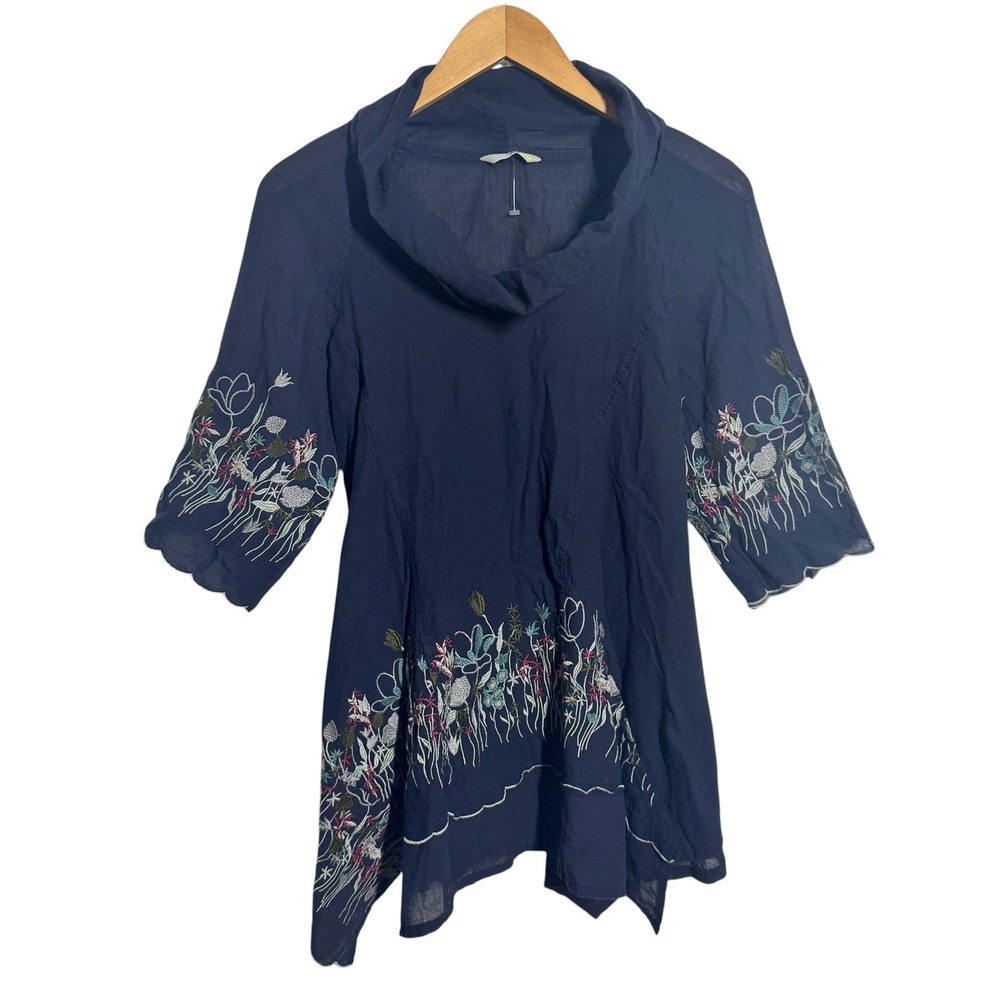 i+mu Senso Unico Navy Floral Embroidered Cowl Neck Cotton Tunic Top Size‎ 40